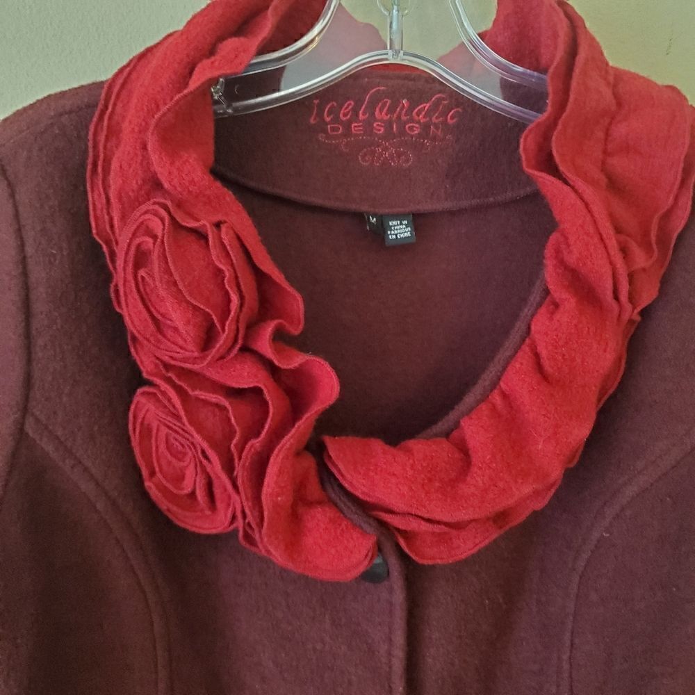 IICELANDIC DESIGN Women's 100% Wool Jacket Burgundy Size Medium Art to wear - Picture 3 of 8